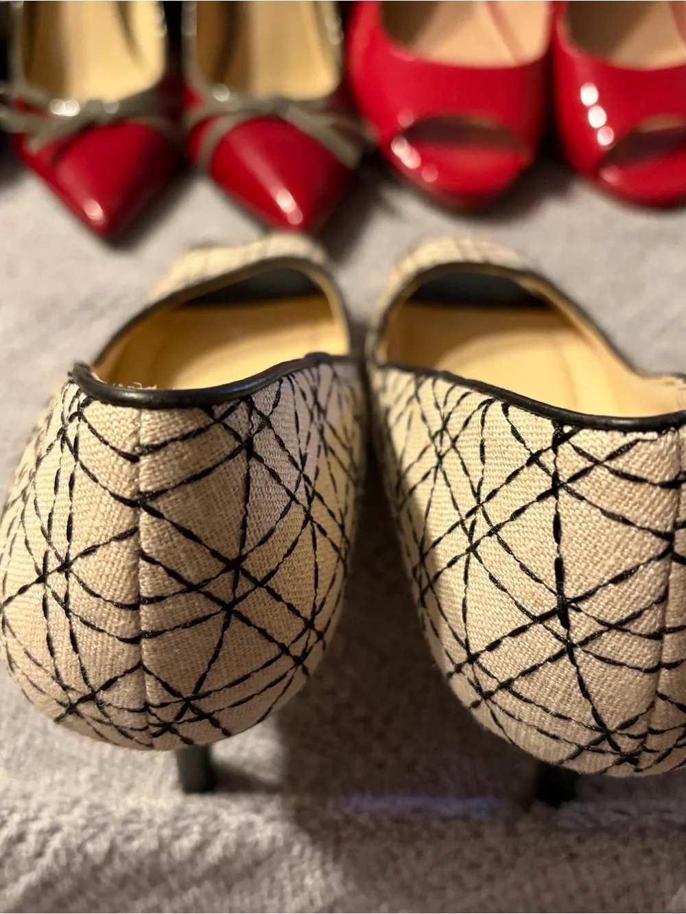 Coach Peep-Toe Heels in Cream and Black Geometric Canvas